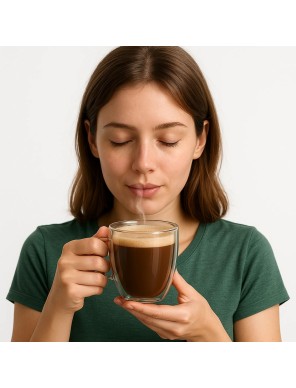 Imagen de chica bebiendo un café ristrotto en un vaso.