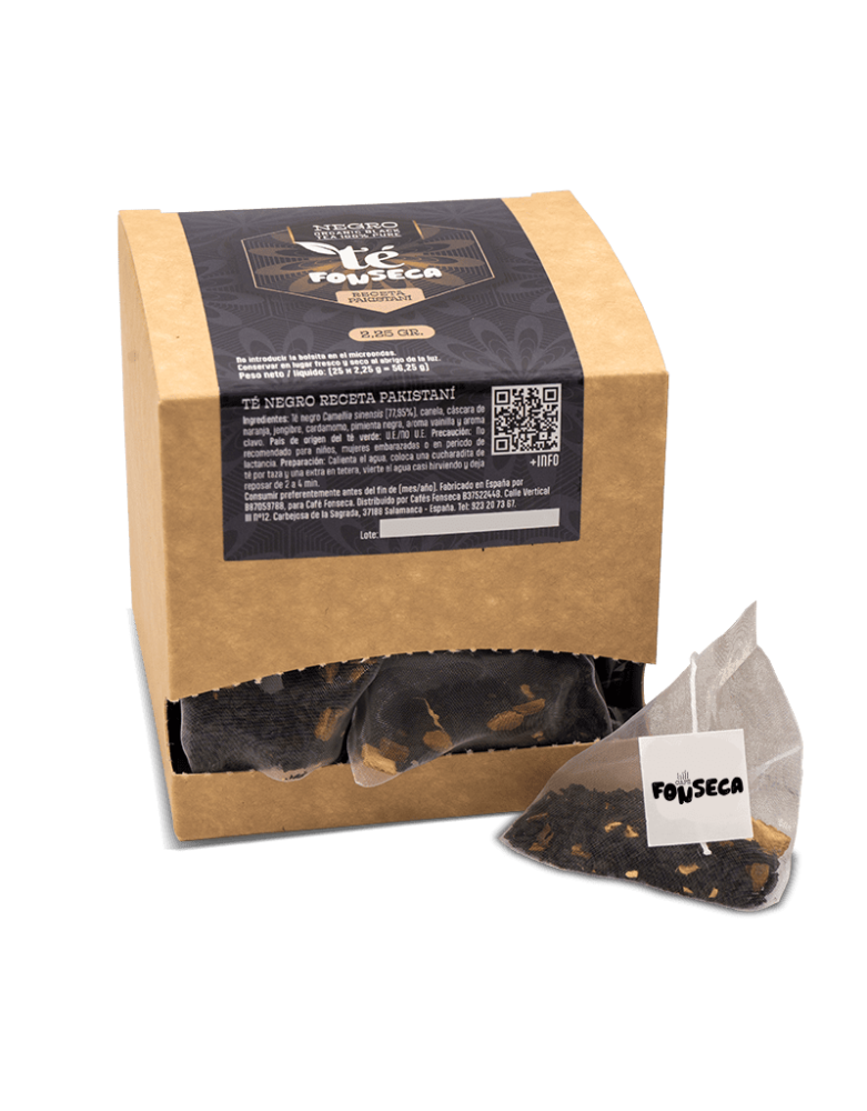 Té negro 100% en caja de 25 bolsas de 2 gramos.