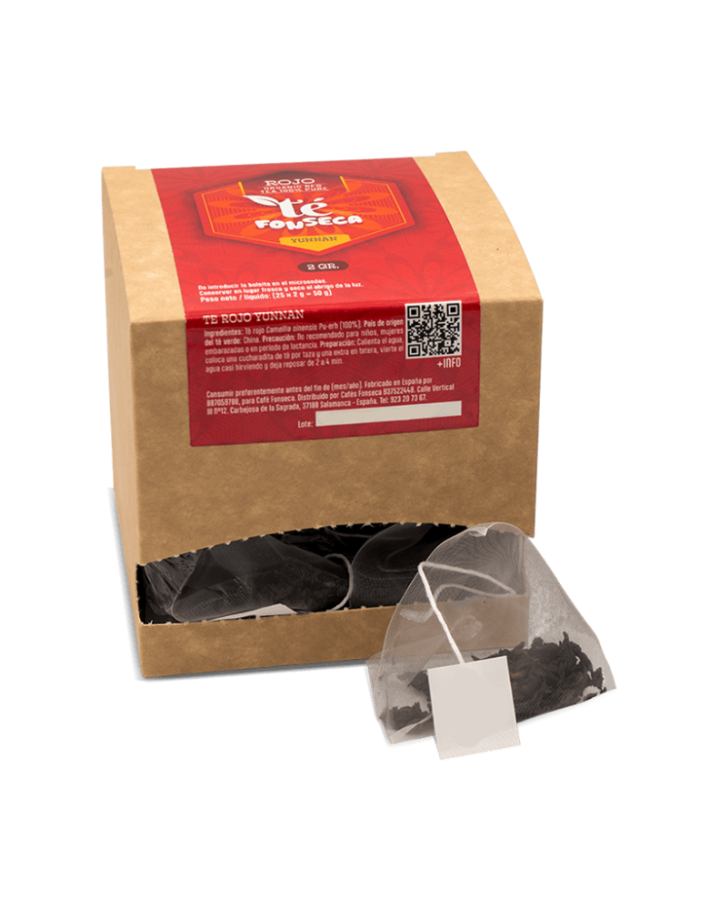 Té rojo 100% en caja de 25 bolsas transparentes de 2 gramos.