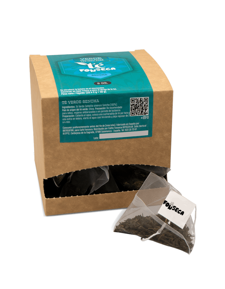 Té verde Sencha 100%, caja de 25 bosas de 2 gramos.