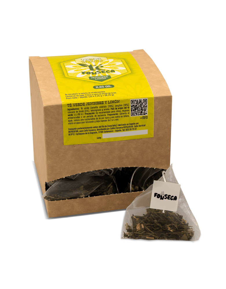 Té verde de jengibre y limón en caja de 25 unidades de 2 gramos.
