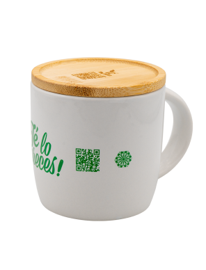 Taza infusiones serigrafiada y con tapa de bambú.