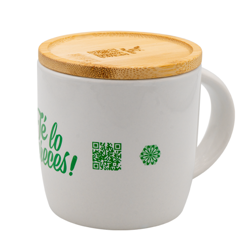 Taza infusiones serigrafiada y con tapa de bambú.