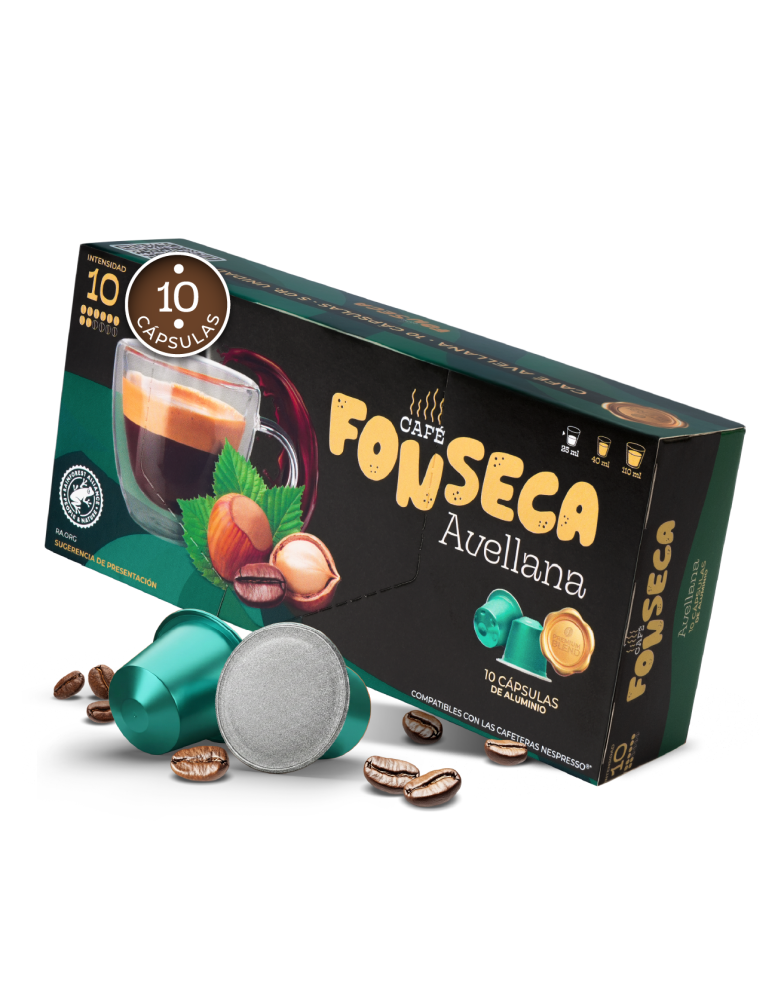 Caja de cápsulas de café con sabor avellana. 100% arábica en cápsulas de aluminio.