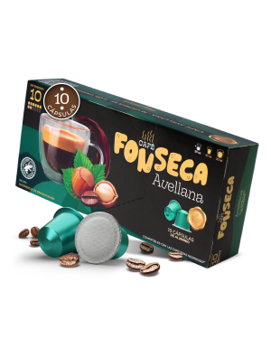 Caja de cápsulas de café con sabor avellana. 100% arábica en cápsulas de aluminio.