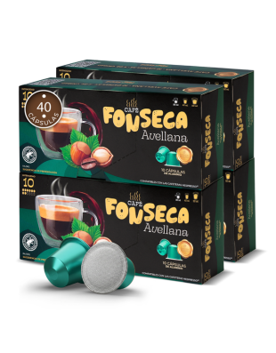 Caja de cápsulas de café con sabor avellana. 100% arábica en cápsulas de aluminio.