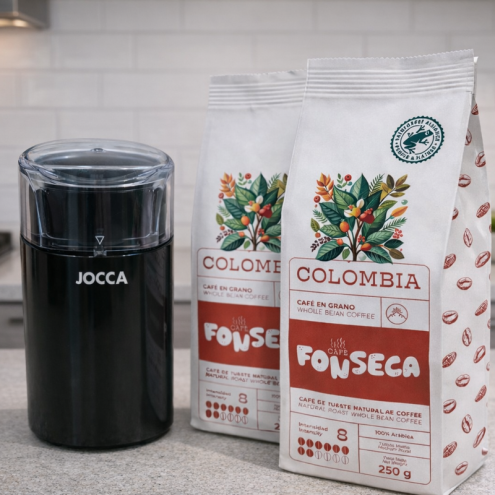 Pack molinillo eléctrico JOCCA con café Colombia 100% arábica en grano 2x250 g.