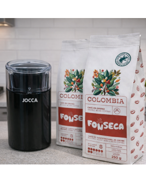 Pack molinillo eléctrico JOCCA con café Colombia 100% arábica en grano 2x250 g.